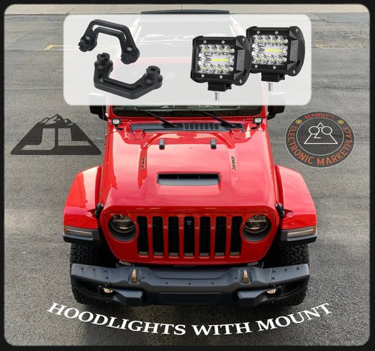 2x Hood Mounting Brackets and Spotlights for Jeep Wrangler JL and Jeep Gladiator (2018-2022)