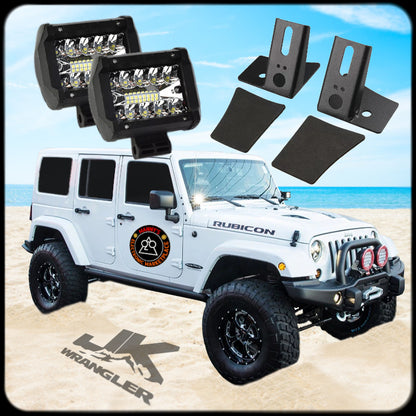 2x Hood Mounting Brackets and Spotlights for Jeep Wrangler JK (207-2017)