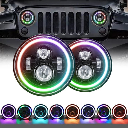 Jeep Wrangler (JK, TL, and LJ) RGB 2 Piece Headlights - Multi-Color, Angel Eye, DRL, Halo Ring