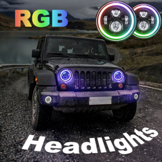 Jeep Wrangler (JK, TL, and LJ) RGB 2 Piece Headlights - Multi-Color, Angel Eye, DRL, Halo Ring